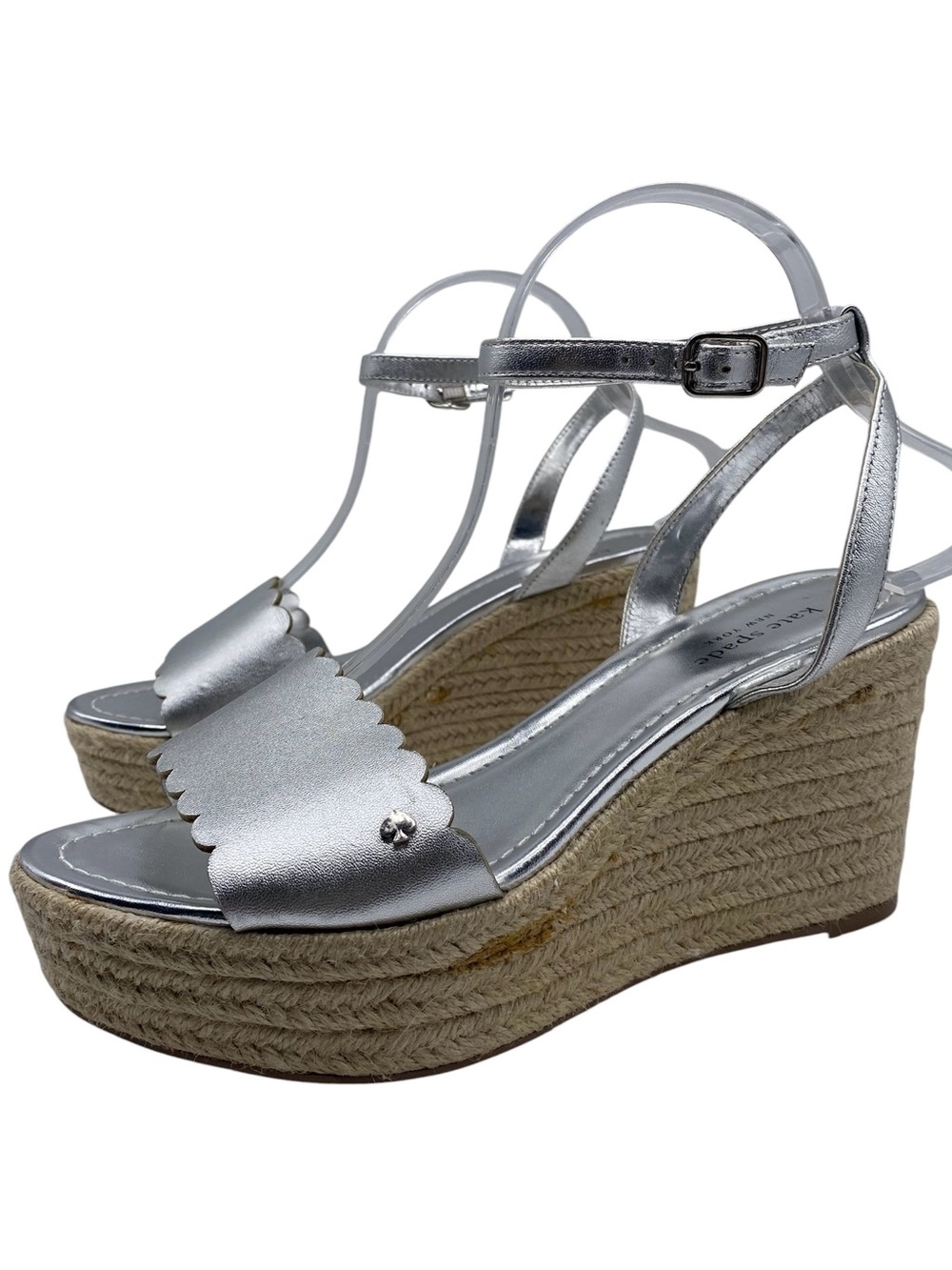 Kate Spade Womens Shoes Taiya Wedge Sandals Sz 9.5 Silver Leather Espadrille